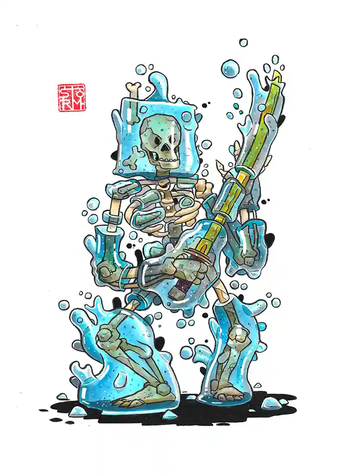 Blue jeleton - Dessin traditionnel aux feutres à alcool par Florian Leux (Toyso) - Portfolio illustrateur Bordeaux