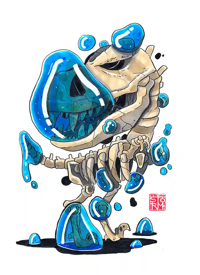 Dino jeleton - Dessin traditionnel aux feutres à alcool par Florian Leux (Toyso) - Portfolio illustrateur Bordeaux