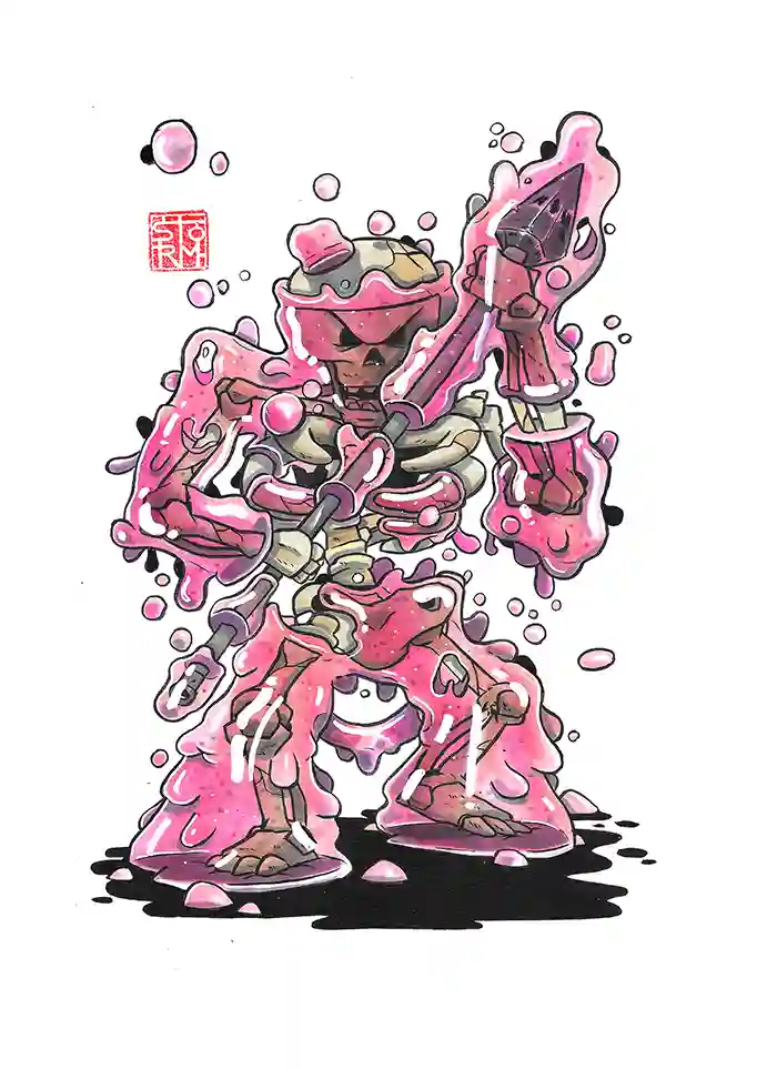 Pink jeleton - Dessin traditionnel aux feutres à alcool par Florian Leux (Toyso) - Portfolio illustrateur Bordeaux